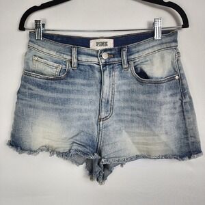 VS Pink Hi Waisted Cut Off Denim Shorts Women Sz 8 Blue Distressed 1.5" Inseam